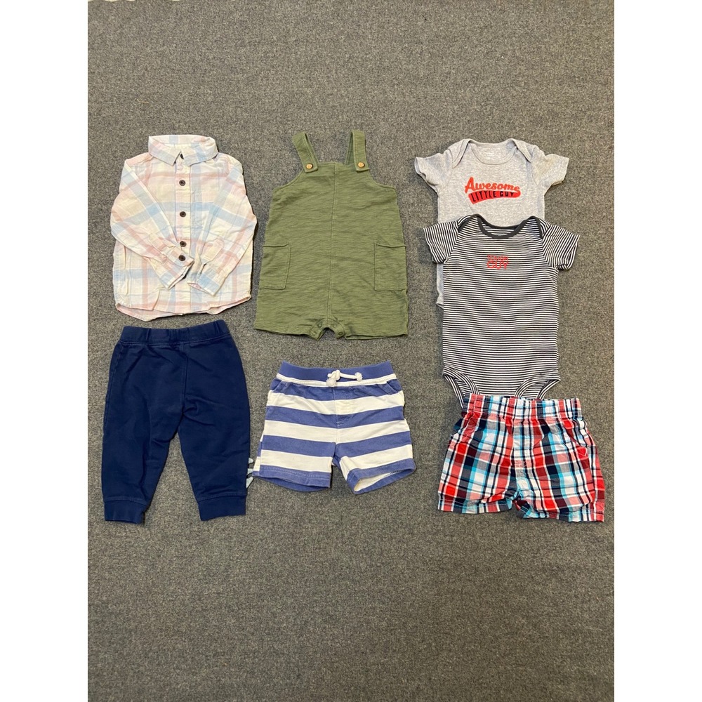 Carters Cat & Jack Baby Boy 12M Bundle Plaid Romper Pants Shorts 7pc Lot Multi